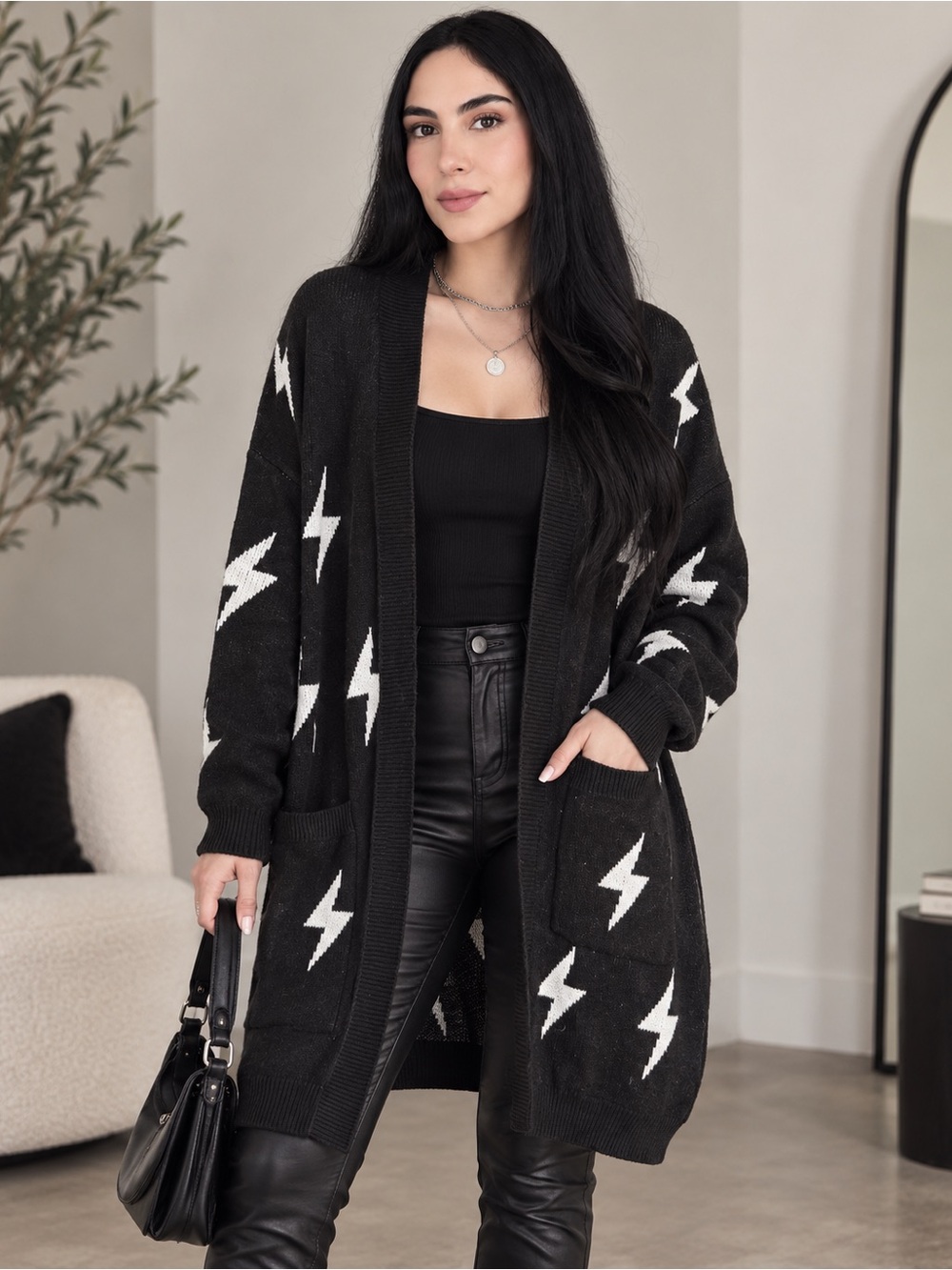 Heimish Black Lightning Bolt Open-Front Long Cardigan Sweater Plus 1x/2x